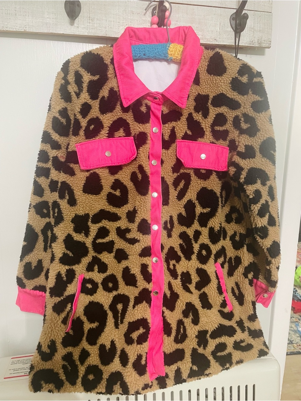 Leopard Faux-Shearling Shacket with Hot Pink Trim